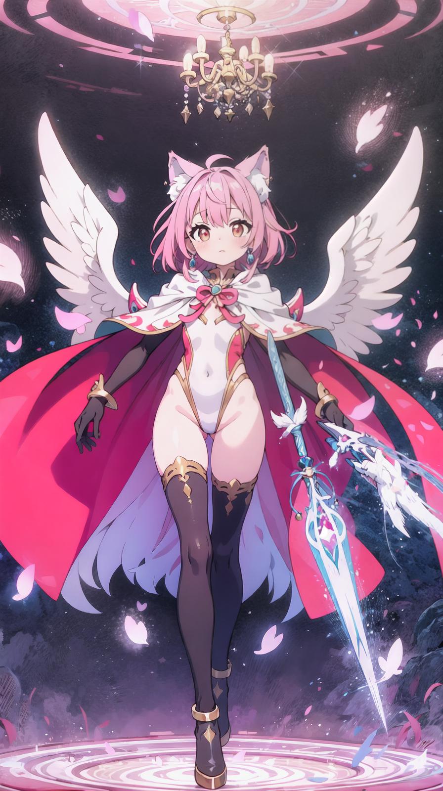  master piece , best quality,Long cape, huge ribbon, leotard, gloves, jewelry, earrings, wings of light, red costume, long two side up hair, pink hair color, wolf tail, beautiful with wolf ears, big s, magic hat, magic wand, growth transformation, full body