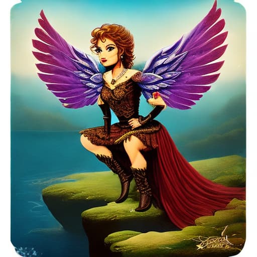  Young fae with stormy blue feet eyes, brown long hair dressed in leather with silver feathered wings.