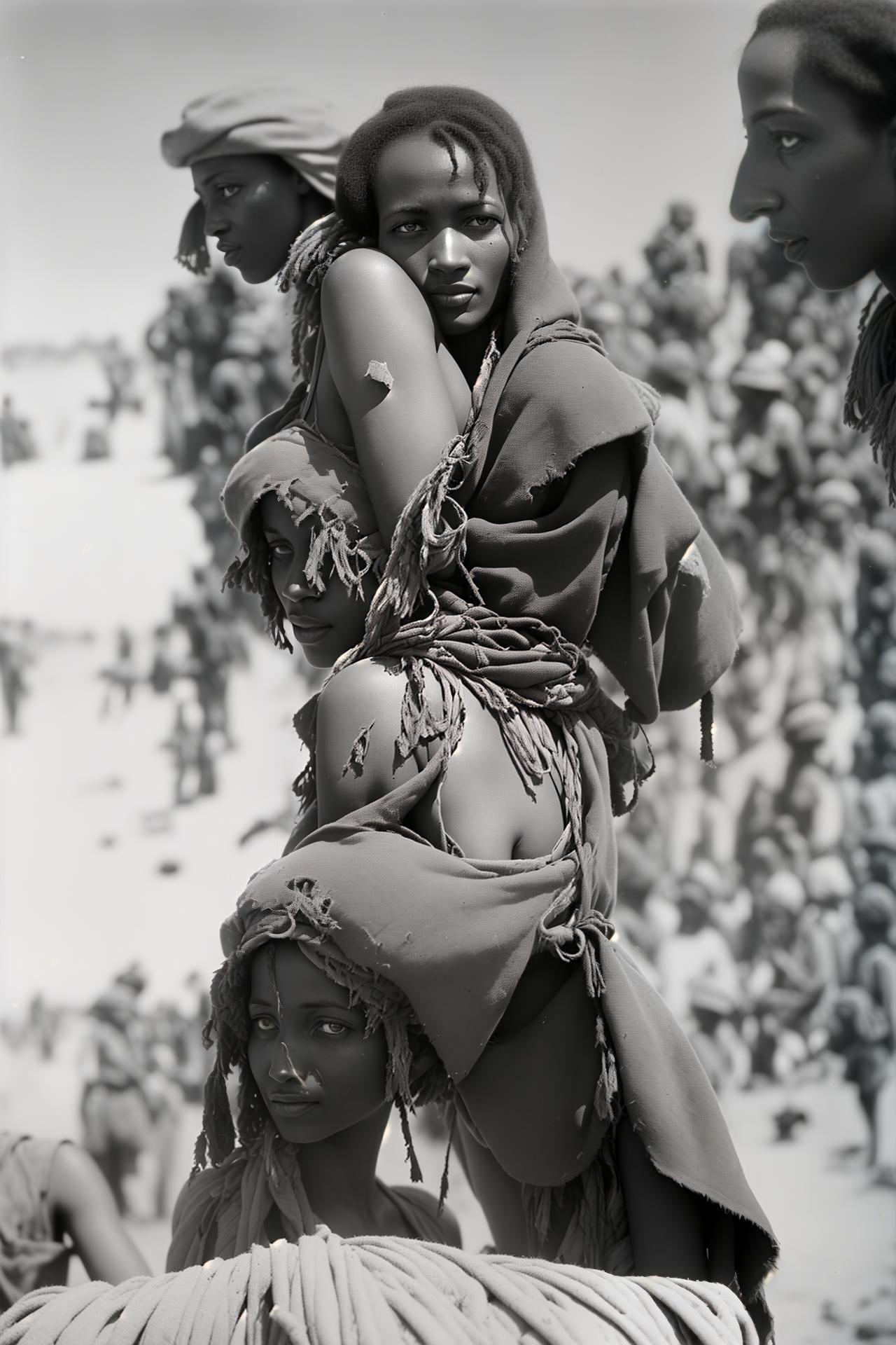  photo of a 1940s German woman who is captured by the enemy african rebels. it is a black and white newspaper photograph, vintage, no color. she is wearing tattered clothes or a bikini, has distressed look, is prisoner of war, lithe, and in africa. african crowd of men surrounds her, (landscape 1.21:1.21) hyperrealistic, full body, detailed clothing, highly detailed, cinematic lighting, stunningly beautiful, intricate, sharp focus, f/1. 8, 85mm, (centered image composition), (professionally color graded), ((bright soft diffused light)), volumetric fog, trending on instagram, trending on tumblr, HDR 4K, 8K