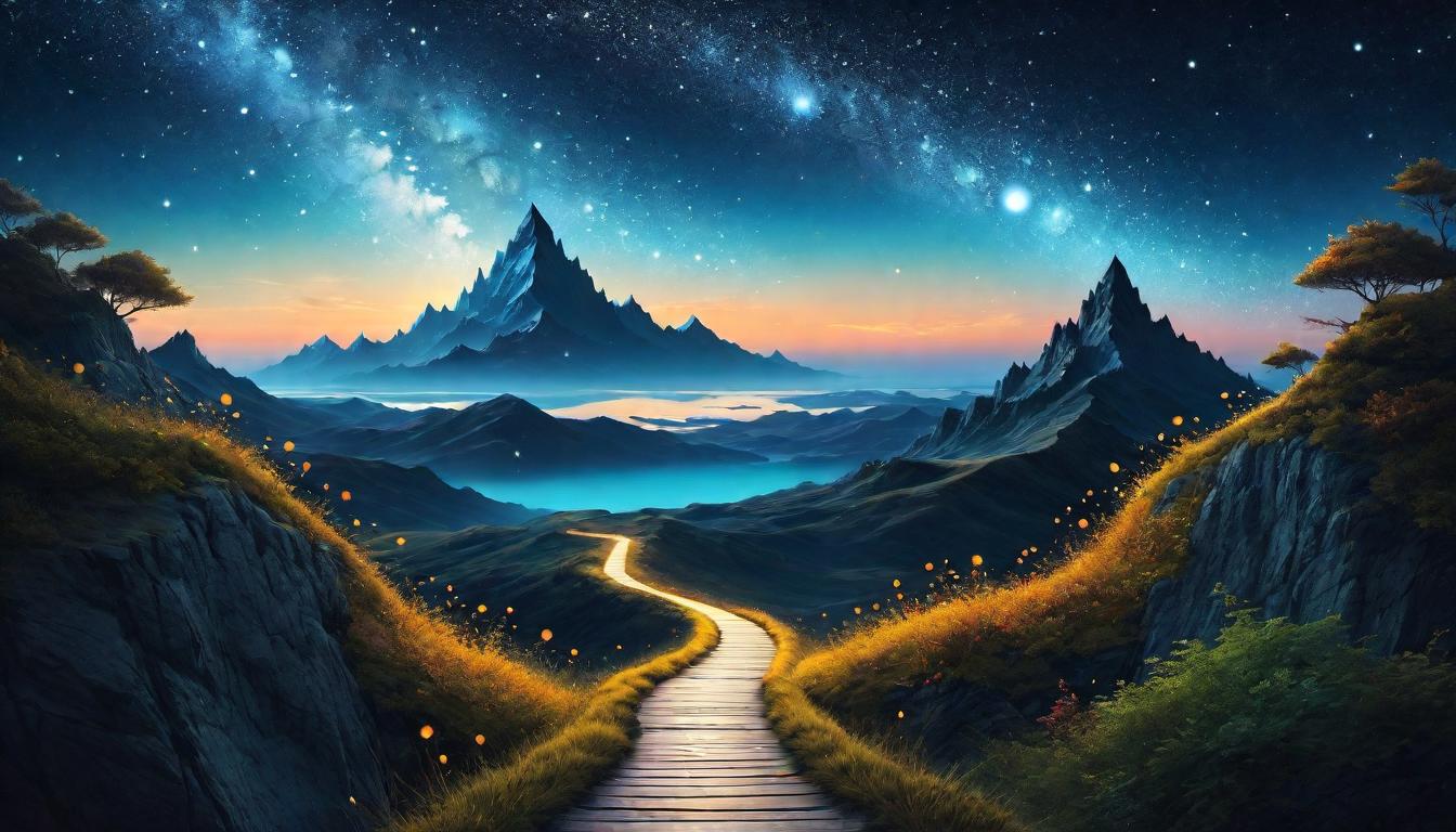  （surrealism)A pathway leading into a horizon lit by a constellation of possibilities, each star a future event, path carved through a vibrant, surreal landscape, symbolizing choice and potential, vivid, infinite horizon mystic, intricate details, best quality)