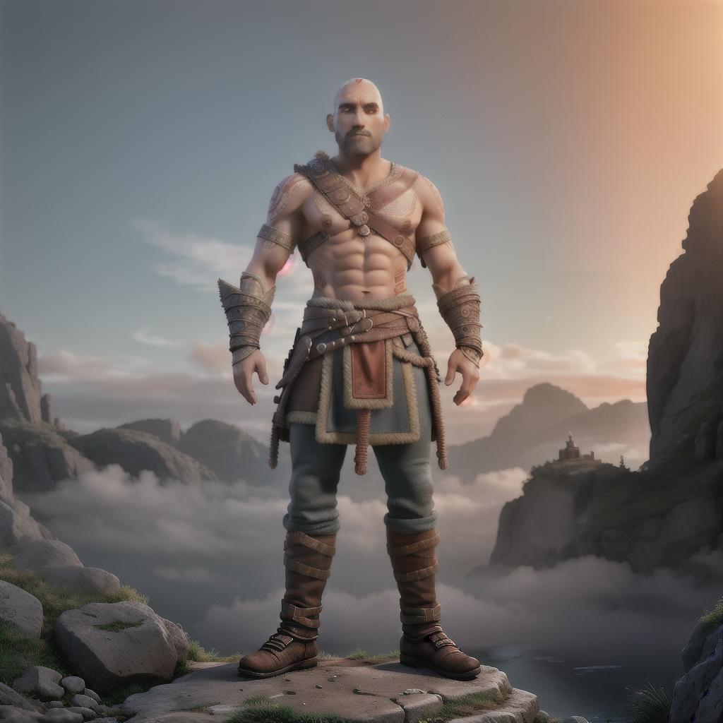  God of war hyperrealistic, full body, detailed clothing, highly detailed, cinematic lighting, stunningly beautiful, intricate, sharp focus, f/1. 8, 85mm, (centered image composition), (professionally color graded), ((bright soft diffused light)), volumetric fog, trending on instagram, trending on tumblr, HDR 4K, 8K