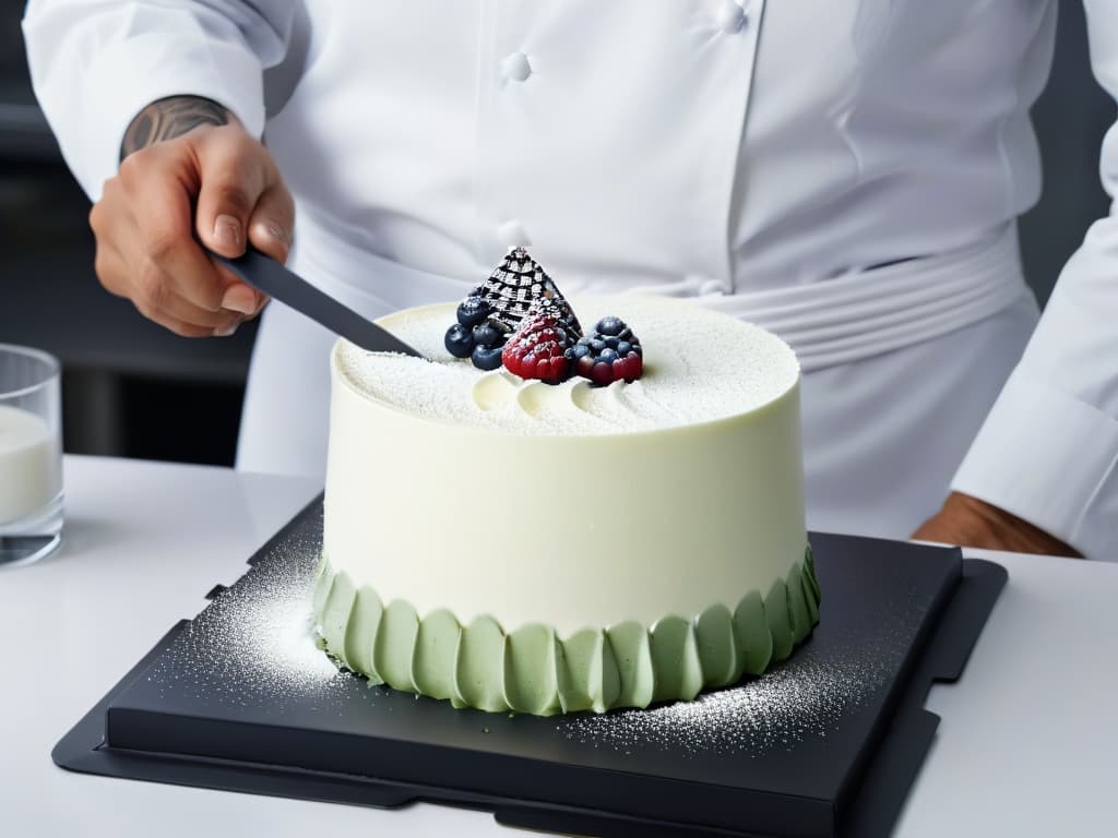  An ultradetailed, 8K resolution image of a modern pastry chef meticulously crafting a futuristic, avantgarde mousse dessert in a sleek, minimalist kitchen. The chef, wearing a crisp white uniform, is using cuttingedge culinary tools to create intricate textures and innovative presentations, showcasing the epitome of contemporary pastry techniques. The image captures the precision and artistry involved in reinventing traditional mousse recipes, emphasizing the fusion of technology and creativity in the realm of pastry arts. hyperrealistic, full body, detailed clothing, highly detailed, cinematic lighting, stunningly beautiful, intricate, sharp focus, f/1. 8, 85mm, (centered image composition), (professionally color graded), ((bright soft diffused light)), volumetric fog, trending on instagram, trending on tumblr, HDR 4K, 8K