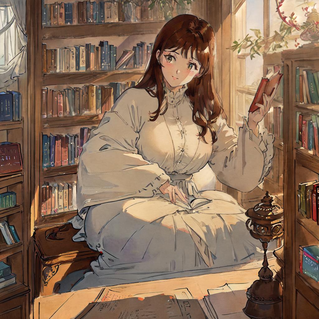  ((masterpiece)),(((best quality))), 8k, high detailed, ultra-detailed., A girl sitting in a classroom., a girl, ((brown hair)), reading a book, (shelves filled with books), natural light hyperrealistic, full body, detailed clothing, highly detailed, cinematic lighting, stunningly beautiful, intricate, sharp focus, f/1. 8, 85mm, (centered image composition), (professionally color graded), ((bright soft diffused light)), volumetric fog, trending on instagram, trending on tumblr, HDR 4K, 8K