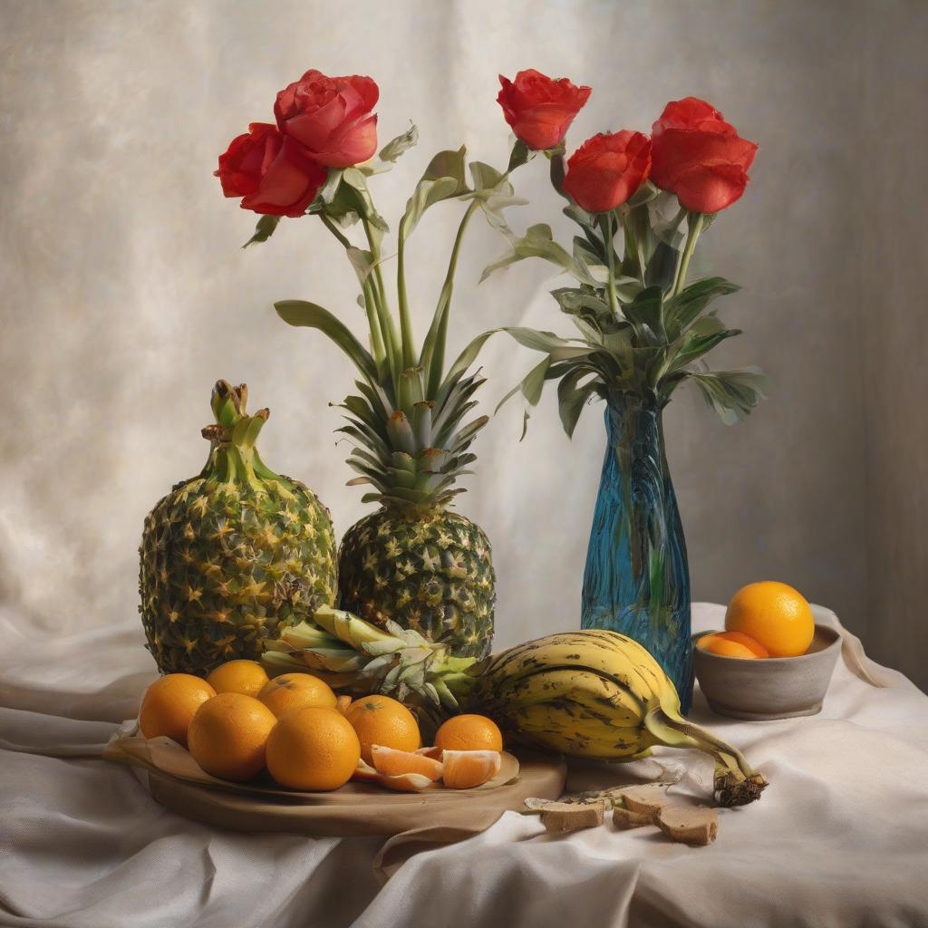  ((Banana, orange and pineapple) stand next to a beautiful vase, ((there's a vase with red roses) beside it), a still life, Dutch painting, 17th century, high brushstroke detail. hyperrealistic, full body, detailed clothing, highly detailed, cinematic lighting, stunningly beautiful, intricate, sharp focus, f/1. 8, 85mm, (centered image composition), (professionally color graded), ((bright soft diffused light)), volumetric fog, trending on instagram, trending on tumblr, HDR 4K, 8K