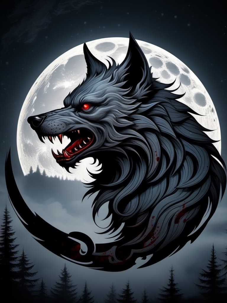 Logo, detailed Fenrir from Scandinavian mythology on a background of a full moon, 4K, horrors, violence, blood