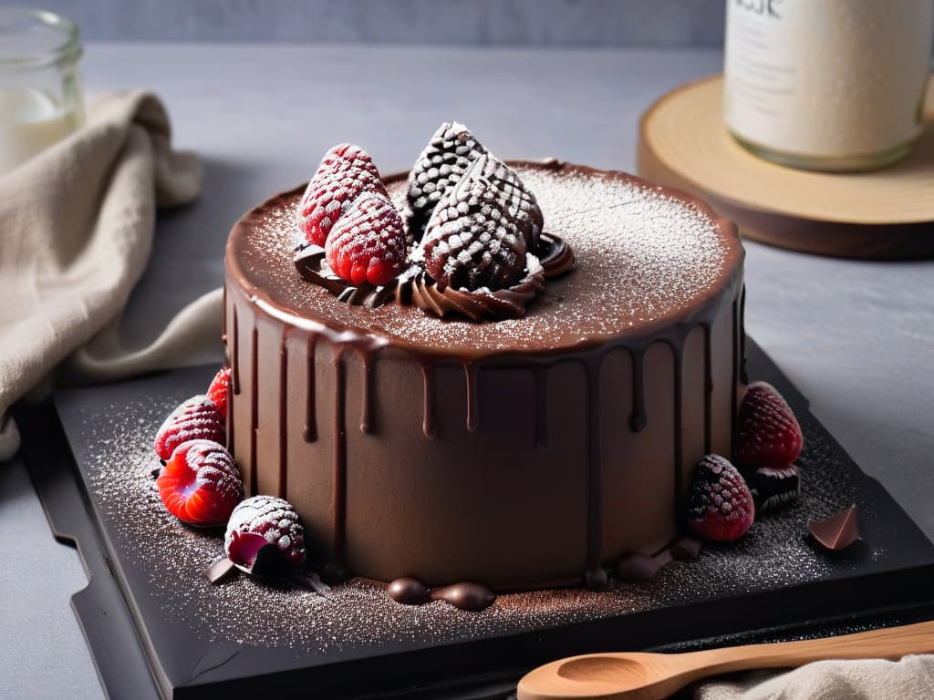  A closeup, ultradetailed image of a perfectly textured sourdough chocolate cake with glossy ganache drips, topped with fresh raspberries and a dusting of cocoa powder, displayed on a sleek, matte black plate against a soft, neutral background. hyperrealistic, full body, detailed clothing, highly detailed, cinematic lighting, stunningly beautiful, intricate, sharp focus, f/1. 8, 85mm, (centered image composition), (professionally color graded), ((bright soft diffused light)), volumetric fog, trending on instagram, trending on tumblr, HDR 4K, 8K