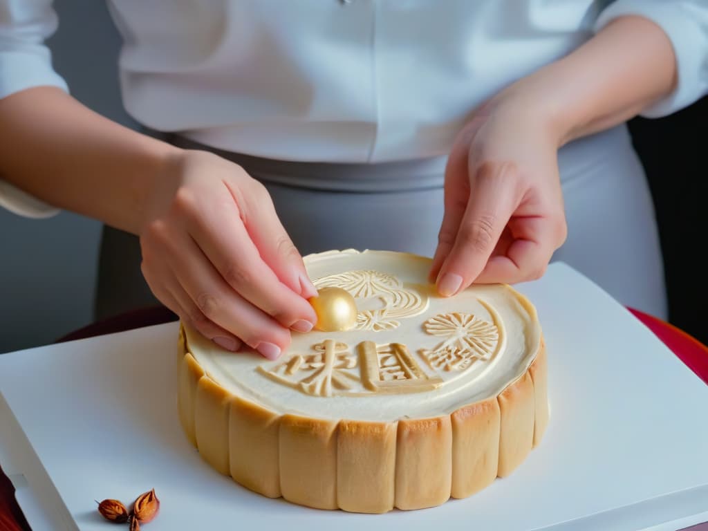  An ultradetailed closeup image of a pair of hands expertly shaping traditional Chinese mooncake dough, showcasing intricate patterns and textures, set against a sleek, minimalist background to emphasize the craftsmanship and artistry of the process. hyperrealistic, full body, detailed clothing, highly detailed, cinematic lighting, stunningly beautiful, intricate, sharp focus, f/1. 8, 85mm, (centered image composition), (professionally color graded), ((bright soft diffused light)), volumetric fog, trending on instagram, trending on tumblr, HDR 4K, 8K