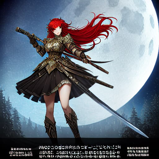  I want you to draw a girl with red hair. girl have an armor that looks both stylish and majestic. Let the background be like a night illuminated by the light of the moon. Let the girl hold a sword in her right hand and a magic ball in her left hand. The color of the girl's left eye cannot be seen clearly because of the darkness of the night. Let his right eye be a striking, sparkling green color. If possible, let the drawing be like a book cover. Mysterious Monochromes hyperrealistic, full body, detailed clothing, highly detailed, cinematic lighting, stunningly beautiful, intricate, sharp focus, f/1. 8, 85mm, (centered image composition), (professionally color graded), ((bright soft diffused light)), volumetric fog, trending on instagram, trending on tumblr, HDR 4K, 8K