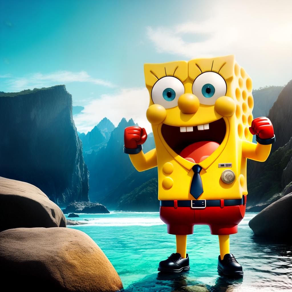  pumped up spongebob with money hyperrealistic, full body, detailed clothing, highly detailed, cinematic lighting, stunningly beautiful, intricate, sharp focus, f/1. 8, 85mm, (centered image composition), (professionally color graded), ((bright soft diffused light)), volumetric fog, trending on instagram, trending on tumblr, HDR 4K, 8K