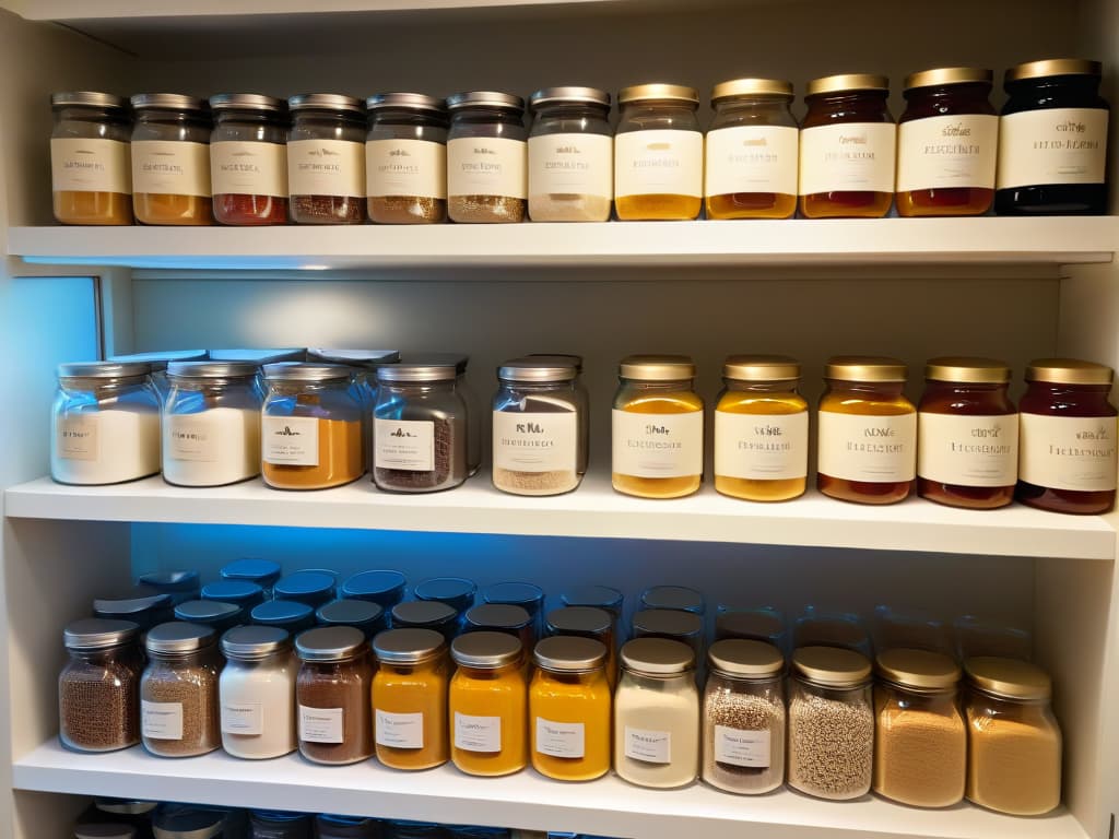  An ultradetailed closeup image of a pristine, organized pantry shelf filled with neatly arranged glass jars of various glutenfree flours and ingredients, with labels showcasing each item in elegant calligraphy. The sunlight filtering through a nearby window casts a soft, golden glow on the meticulously arranged display, highlighting the natural textures and colors of the ingredients. Each jar is sealed with a rustic twine bow, adding a touch of artisanal charm to the minimalistic composition. hyperrealistic, full body, detailed clothing, highly detailed, cinematic lighting, stunningly beautiful, intricate, sharp focus, f/1. 8, 85mm, (centered image composition), (professionally color graded), ((bright soft diffused light)), volumetric fog, trending on instagram, trending on tumblr, HDR 4K, 8K