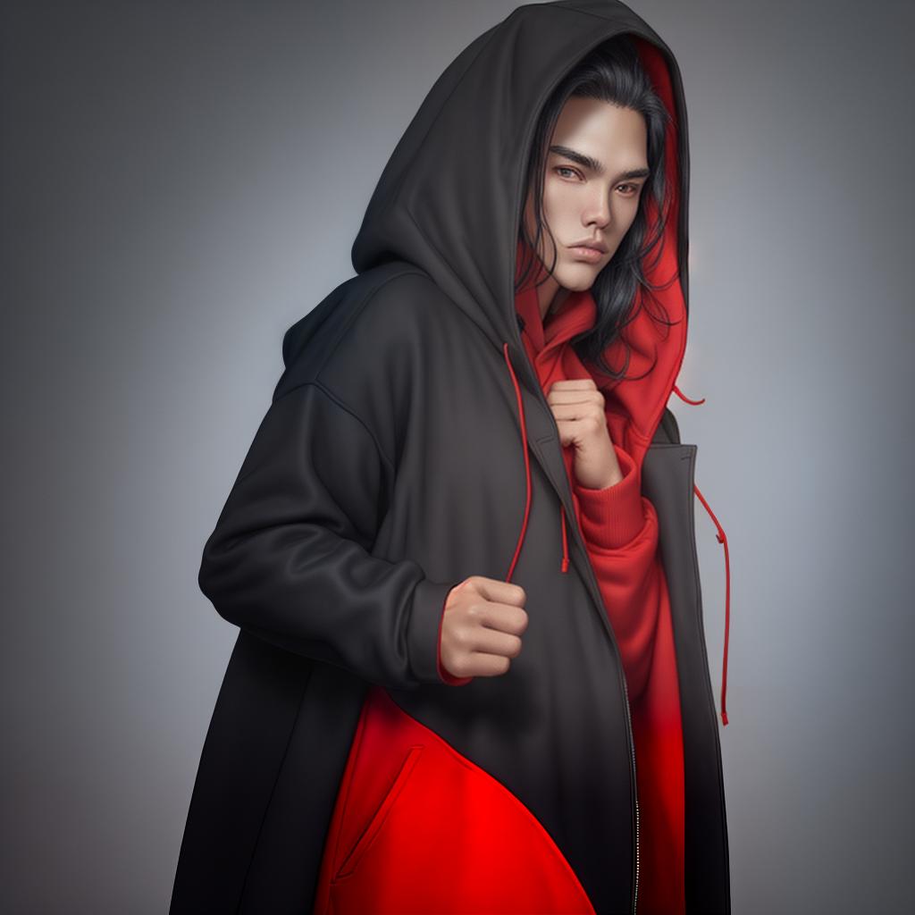  , black coat, big , xy body, wear red hoodie ,blue shirt inside, bring peace to the world