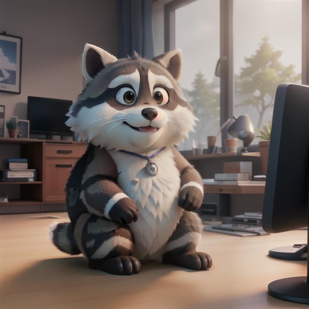  raccoon sitting in gaming chair front a computer on desktop, ((semi anthropomorphic)),(full body), tail, belly, sitting, fat, (chubby), (((white background))), solo, desktop, gaming chair, side view,  [[[clothes]]] hyperrealistic, full body, detailed clothing, highly detailed, cinematic lighting, stunningly beautiful, intricate, sharp focus, f/1. 8, 85mm, (centered image composition), (professionally color graded), ((bright soft diffused light)), volumetric fog, trending on instagram, trending on tumblr, HDR 4K, 8K