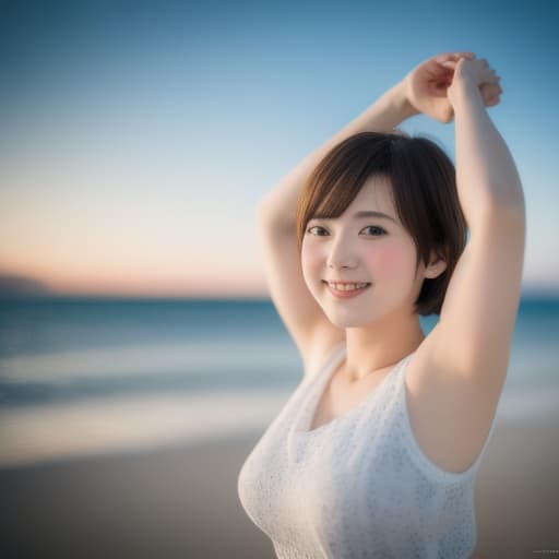  (8k, RAW photo, best quality, masterpiece:1.2), (realistic, photo-realistic:1.4), (extremely detailed 8k wallpaper), sharp focus, depth of field, blur background, bokeh,  cinematic lighting, soft light, upper body, cute japanese idol arms up on the beach.short hair, (white plain : 1.5), smile