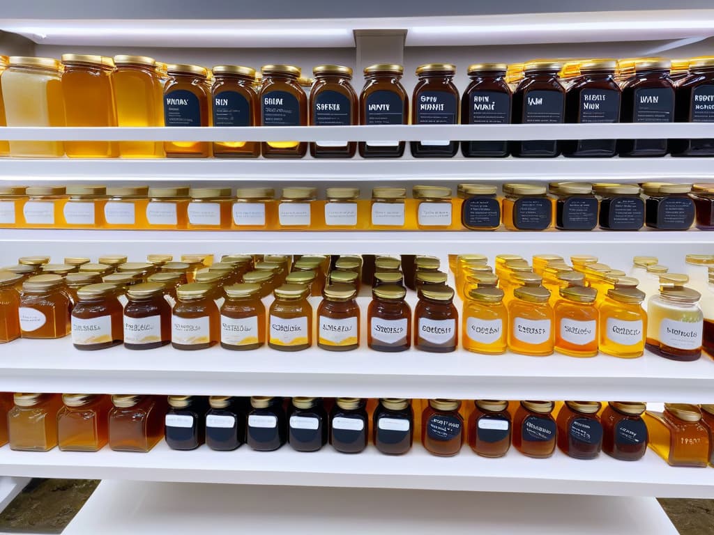  A closeup, ultradetailed image of a variety of highquality, natural sweeteners like honey, maple syrup, stevia leaves, and coconut sugar neatly arranged in small, elegant glass jars on a clean, white marble surface. Each jar is labeled with a sleek, modern font indicating the type of sweetener, with soft natural light gently illuminating the scene, creating an inviting and sophisticated atmosphere. hyperrealistic, full body, detailed clothing, highly detailed, cinematic lighting, stunningly beautiful, intricate, sharp focus, f/1. 8, 85mm, (centered image composition), (professionally color graded), ((bright soft diffused light)), volumetric fog, trending on instagram, trending on tumblr, HDR 4K, 8K