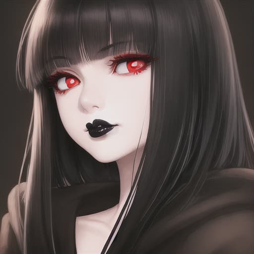  woman with light red eyes, gazing straight forward, with long black hair, with bangs, just like on japanese woman. She has small but slightly red nose, and big lips, with black lipstick. she wears black oversized hoodie