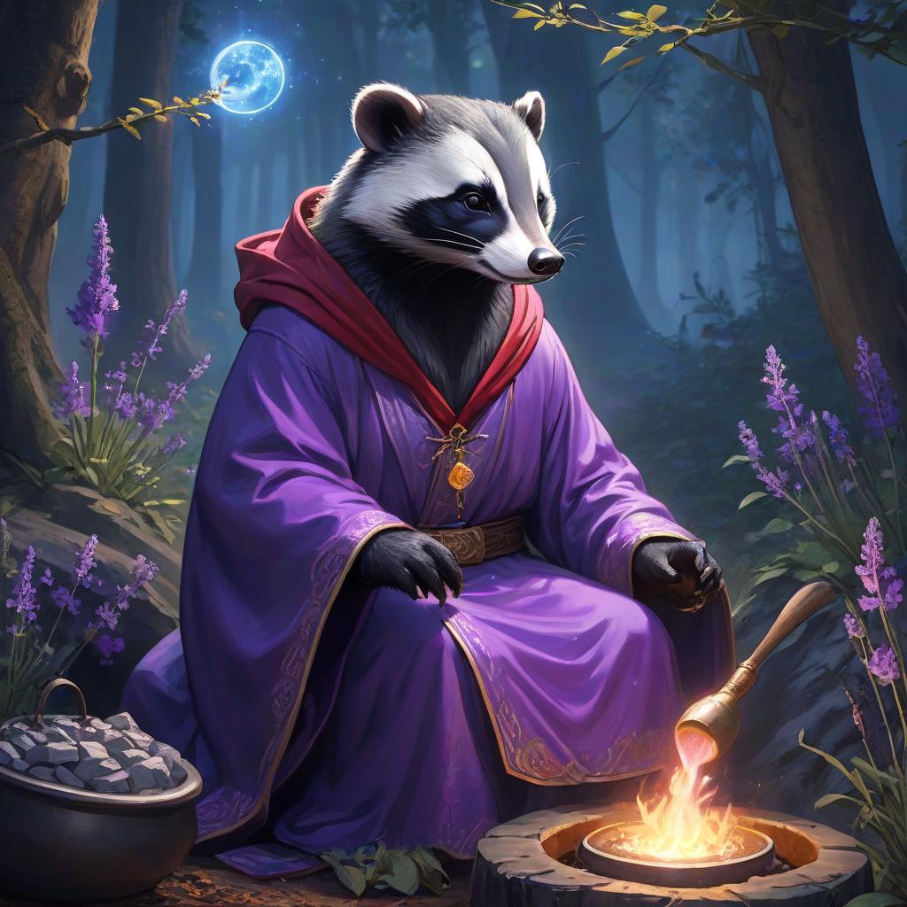  Drawing: A humanoid badger in a lavender robe with hood, boiling red health potion over a standing cauldron in a night forest. Description of the badger The badger is depicted with piercing bright blue eyes, radiating wisdom and mystery. Their reflection creates an effect of glowing moonstones. Its purple robe is adorned with golden runic embroidery, reflecting moonlight and creating a mysterious glowing effect. The fabric of the robe is soft, like magical thread. The badger's face expresses deep concentration, its brows slightly furrowed, and its mustache subtly twitches from the thin aroma of the potion. Its expression seems to be a mirror, reflecting its inner world. Surrounding environment The woodland edge is enveloped by a pale vio hyperrealistic, full body, detailed clothing, highly detailed, cinematic lighting, stunningly beautiful, intricate, sharp focus, f/1. 8, 85mm, (centered image composition), (professionally color graded), ((bright soft diffused light)), volumetric fog, trending on instagram, trending on tumblr, HDR 4K, 8K