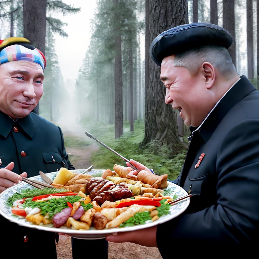  Putin and Kim Jong-un together in the forest drinking Baltika Devyatka and laughing at stupid Biden on TV, while a bear is grilling a kebab nearby ,highly detailed, cinematic lighting, stunningly beautiful, intricate, sharp focus, f1. 8, 85mm, (centered image composition), (professionally color graded), ((bright soft diffused light)), volumetric fog, trending on instagram, trending on tumblr, HDR 4K, 8K