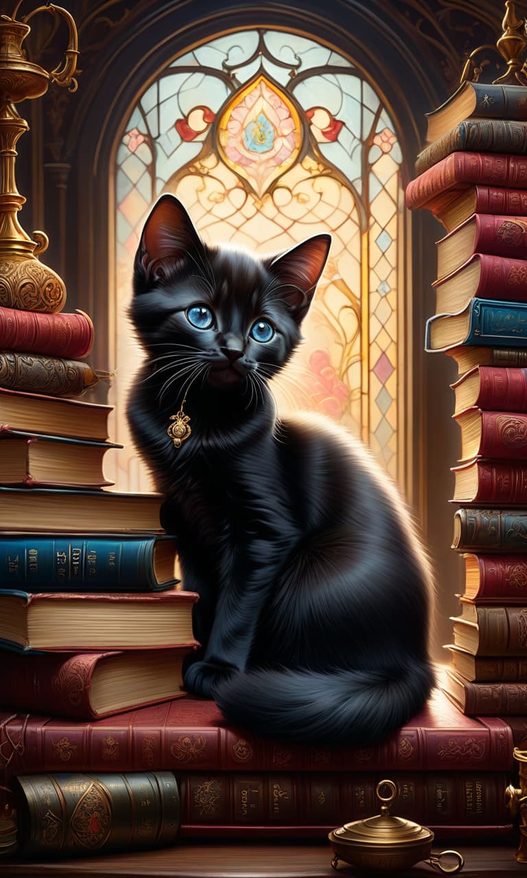  Oil painting. Distant plan. Art Nouveau style. A fabulous big eyed black kitten. Lying on a tall stack of books. Magical, cartoonish, positive, dreamy. Background in light colours with numerous patterns, stained glass windows, ornaments: wizard's room with flasks, retorts. Styles: elegant, decorative, curvilinear shapes, inspired by nature, ornate, detailed art nouveau with curls and patterns. In the manner of Andrew Jones, Fragonard, Carole Buck, Mab Graves, Bill Carman, Jean Baptiste Monge, Julie Dillon. High quality. hyperrealistic, full body, detailed clothing, highly detailed, cinematic lighting, stunningly beautiful, intricate, sharp focus, f/1. 8, 85mm, (centered image composition), (professionally color graded), ((bright soft diffused light)), volumetric fog, trending on instagram, trending on tumblr, HDR 4K, 8K