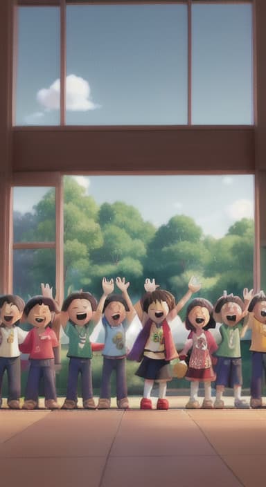  {A heartwarming scene of all the children waving goodbye with happy expressions., Children waving with wide smiles, looking grateful and content.