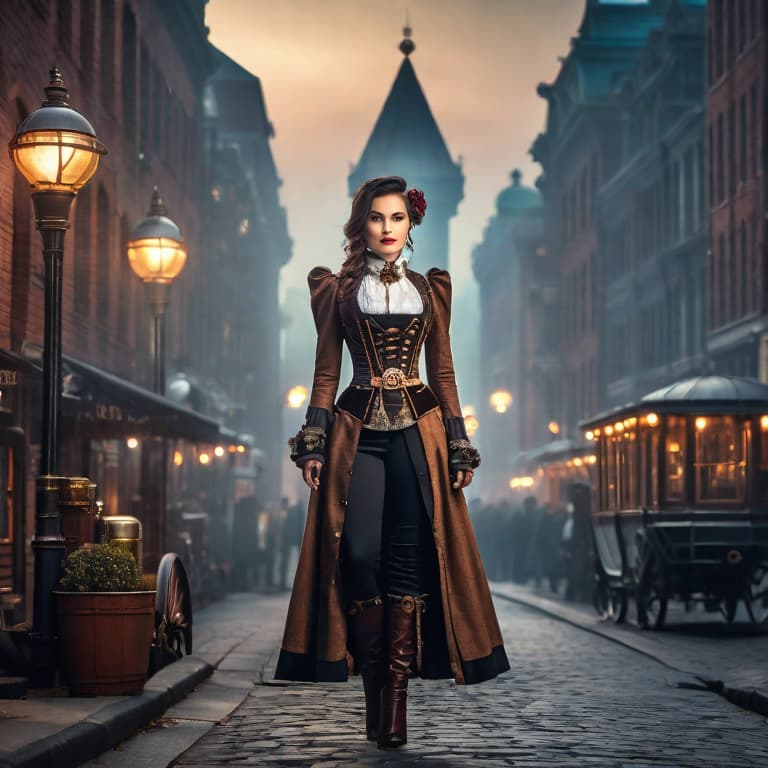  Steampunk cityscape at dusk hyperrealistic, full body, detailed clothing, highly detailed, cinematic lighting, stunningly beautiful, intricate, sharp focus, f/1. 8, 85mm, (centered image composition), (professionally color graded), ((bright soft diffused light)), volumetric fog, trending on instagram, trending on tumblr, HDR 4K, 8K