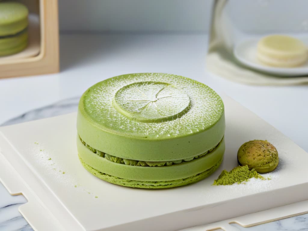  A closeup, highresolution image of a delicate, perfectly crafted matcha green tea macaron sitting on a marble countertop. The macaron is elegantly dusted with powdered matcha, showcasing a smooth, glossy surface and a precise, uniform shape. The soft natural lighting highlights the vibrant green color of the macaron, and subtle shadows add depth to the scene. The minimalistic composition emphasizes the intricate details and exquisite presentation of this fusion dessert, inviting the viewer to savor its deliciousness visually. hyperrealistic, full body, detailed clothing, highly detailed, cinematic lighting, stunningly beautiful, intricate, sharp focus, f/1. 8, 85mm, (centered image composition), (professionally color graded), ((bright soft diffused light)), volumetric fog, trending on instagram, trending on tumblr, HDR 4K, 8K