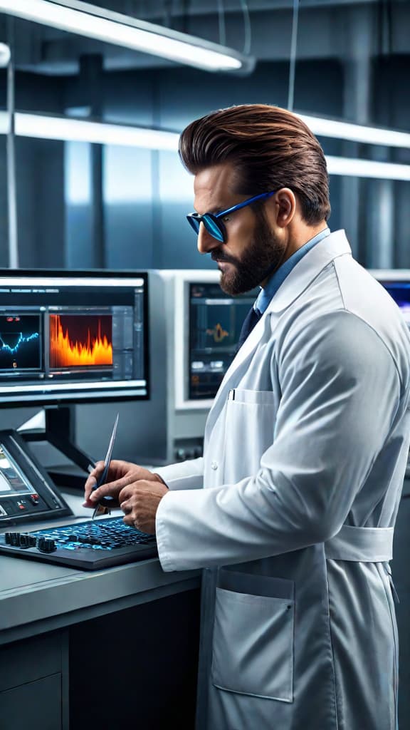  (An advanced laboratory setting with high tech equipment and workstations. A scientist in a white lab coat stands at a central control panel, holding a small device and preparing to initiate an experiment.) hyperrealistic, full body, detailed clothing, highly detailed, cinematic lighting, stunningly beautiful, intricate, sharp focus, f/1. 8, 85mm, (centered image composition), (professionally color graded), ((bright soft diffused light)), volumetric fog, trending on instagram, trending on tumblr, HDR 4K, 8K