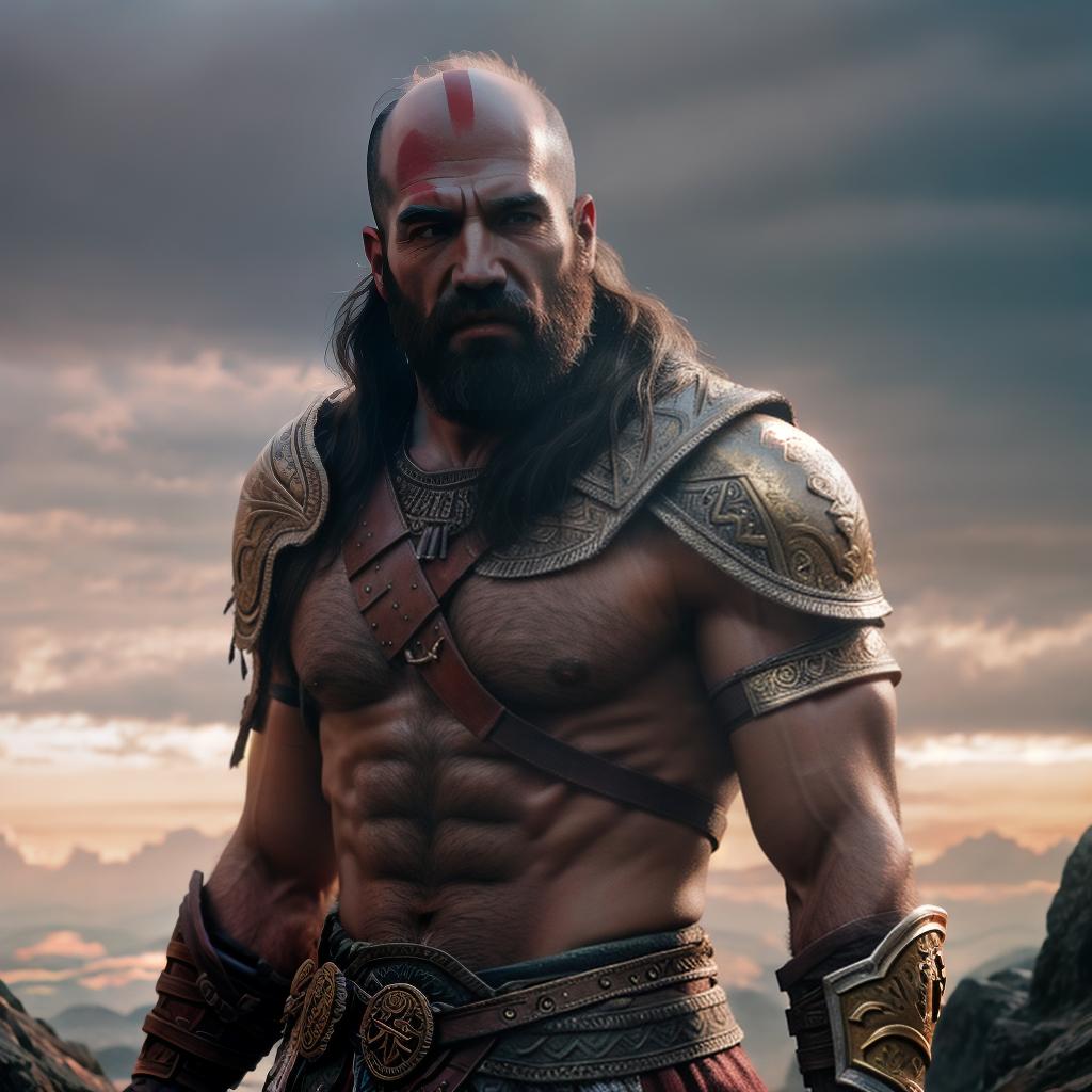  God of war hyperrealistic, full body, detailed clothing, highly detailed, cinematic lighting, stunningly beautiful, intricate, sharp focus, f/1. 8, 85mm, (centered image composition), (professionally color graded), ((bright soft diffused light)), volumetric fog, trending on instagram, trending on tumblr, HDR 4K, 8K