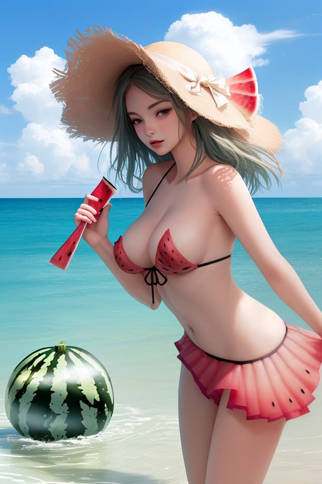  Sea, watermelon, beautiful woman