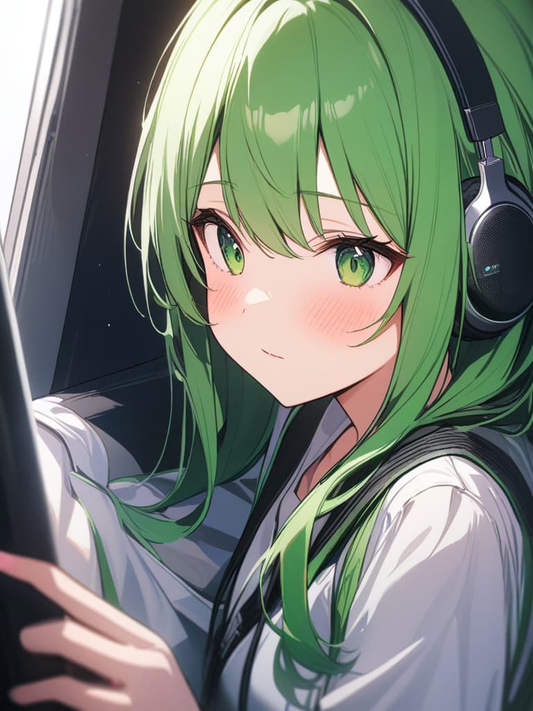  Green haired beautiful girl character with headphones, close both eyes and shout in blush, masterpiece, best quality,8k,ultra detailed,high resolution,an extremely delicate and beautiful,hyper detail