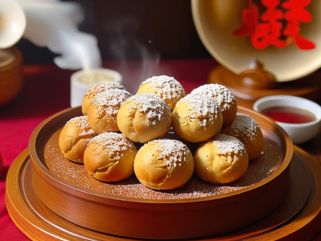  An ultradetailed photorealistic image of golden sesame balls (Jian Dui) freshly fried to perfection, showcasing a crispy exterior texture with sesame seeds glistening under warm light. The balls are delicately cracked open to reveal a gooey, sweet red bean paste filling oozing out, surrounded by a light dusting of powdered sugar. The background features traditional Chinese kitchenware, adding an authentic and appetizing touch to the scene. hyperrealistic, full body, detailed clothing, highly detailed, cinematic lighting, stunningly beautiful, intricate, sharp focus, f/1. 8, 85mm, (centered image composition), (professionally color graded), ((bright soft diffused light)), volumetric fog, trending on instagram, trending on tumblr, HDR 4K, 8K