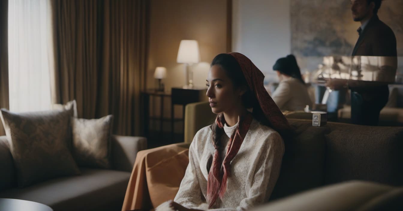  A girl with long hair sits on a sofa in a hotel room, a man's silhouette is seen in the background. A headscarf is on the girl's head. hyperrealistic, full body, detailed clothing, highly detailed, cinematic lighting, stunningly beautiful, intricate, sharp focus, f/1. 8, 85mm, (centered image composition), (professionally color graded), ((bright soft diffused light)), volumetric fog, trending on instagram, trending on tumblr, HDR 4K, 8K