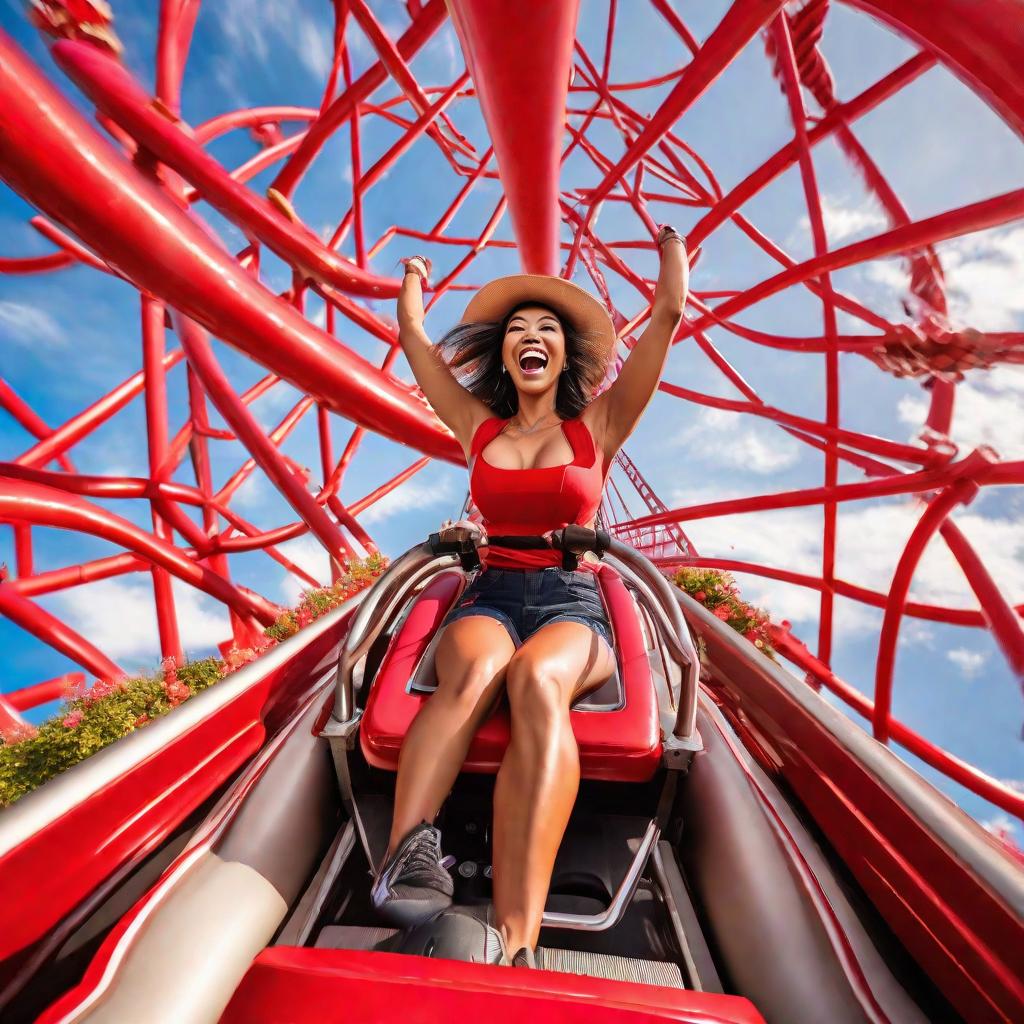  Top,fish eye lens view of a joyful beautiful Filipina, dynamically seated mid ride on a roller coaster on mid air, messy hair flows with the winds drenched yet beaming with delight, wearing striking red aprons only soaked in water with raised arms,pose, and wide smiles, on a vivid red roller coaster with an intricate design of loops and twists, a distant view of the green land mass showing rural houses and animals, and ocean below with birds flying by. Professional photography hyperrealistic, full body, detailed clothing, highly detailed, cinematic lighting, stunningly beautiful, intricate, sharp focus, f/1. 8, 85mm, (centered image composition), (professionally color graded), ((bright soft diffused light)), volumetric fog, trending on instagram, trending on tumblr, HDR 4K, 8K