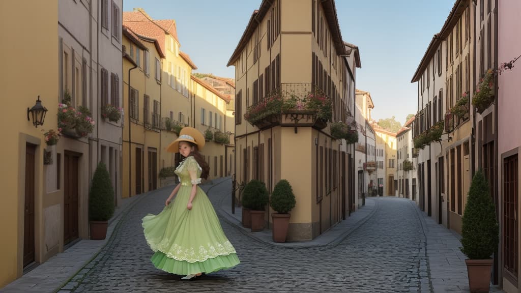  Isabella walks along a cobblestone path in an antique European town, the sun setting in a warm gold glow. She wears a pale green dress that floats gracefully as she walks, lace and pleats shining in the light. She wears a wide brim hat on her head and a long bright purple ribbon trailing behind her, creating a whimsical playful contrast. The atmosphere is romantic and adventurous. This photo was taken with a digital camera and has a shallow depth of field, with Isabella standing out against a charming background.