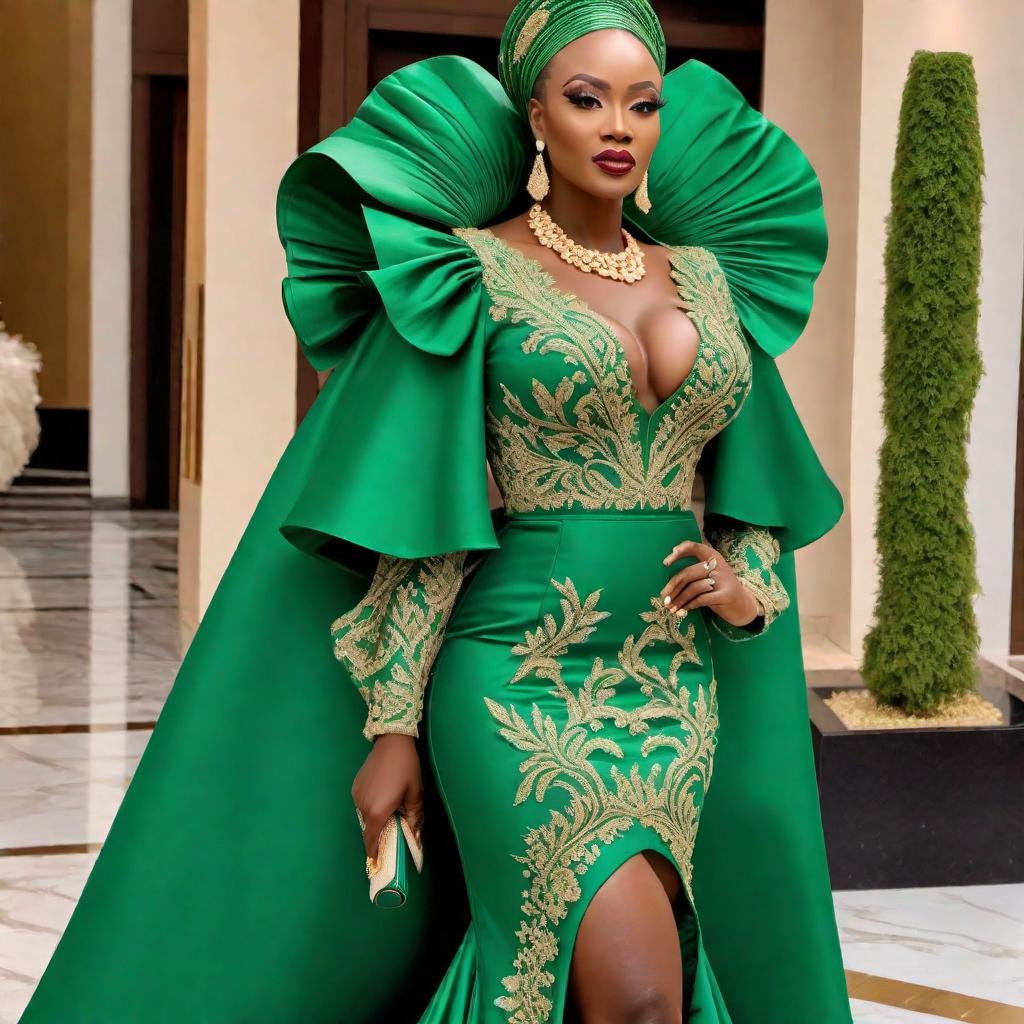  an emerald green aso ebi style dress with a long frill and a trailing after dress. The dress should be designed for glamorous occasions, emphasizing a rich cultural look. It should feature luxurious fabrics, detailed embroidery, a fitted bodice, and voluminous sleeves. The should have frills for added volume, and the after dress should extend into a sweeping train. hyperrealistic, full body, detailed clothing, highly detailed, cinematic lighting, stunningly beautiful, intricate, sharp focus, f/1. 8, 85mm, (centered image composition), (professionally color graded), ((bright soft diffused light)), volumetric fog, trending on instagram, trending on tumblr, HDR 4K, 8K