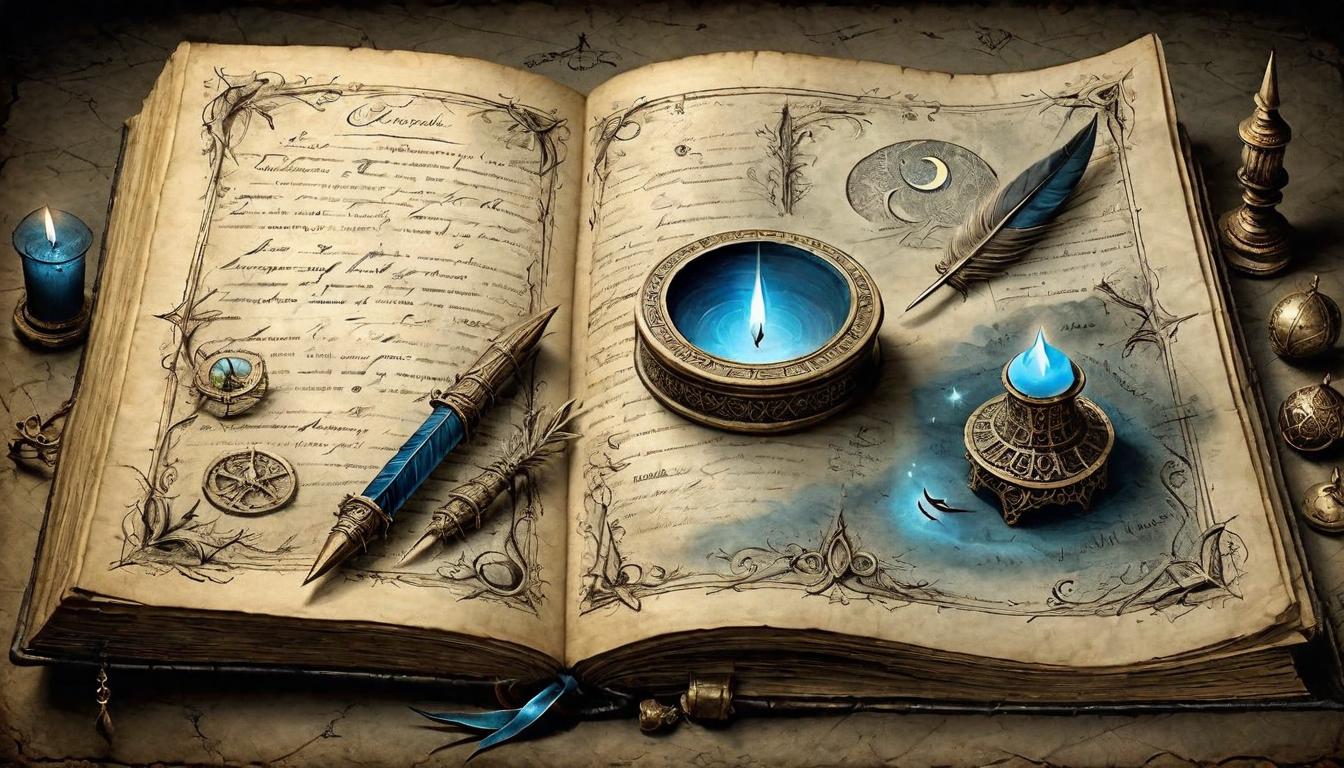  on parchment, surrealism+++, Magical ledger books and quills, highlighted with moonlight, enchanted atmosphere(mysterious, provocative, symbolic,muted color)+++