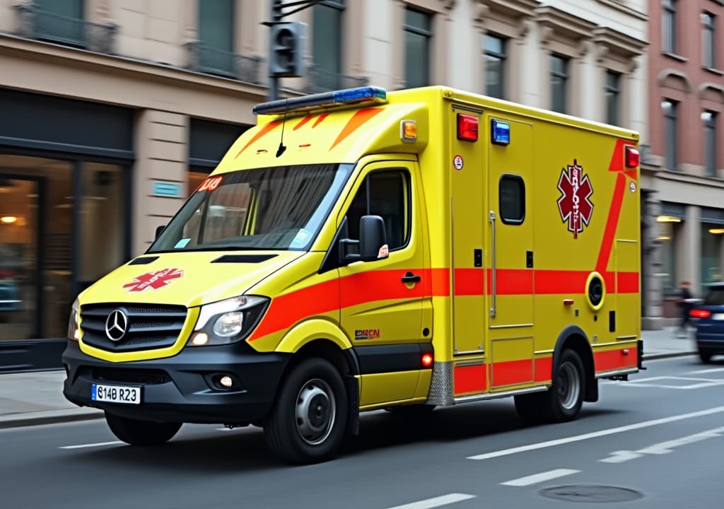  good quality, high quality, emergency medical response: yellow ambulance in action for urgent rescue and assistance on the streets