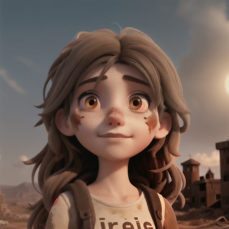  medium close up of a disfigured 17yo girl, a lost soul in a desolate wasteland, long brown hair, muted colors, shattered halos, and decaying, showcasing the delicate balance between redemption and despair, digital art, dystopian, high contrast, hauntingly beautiful, 8K, emotional depth, dramatic,