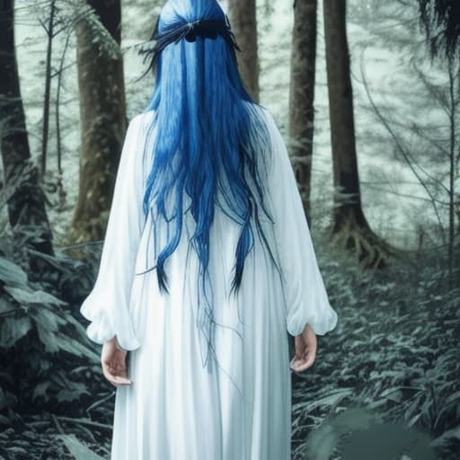  Long blue haired girl in white dress in forest with black crows