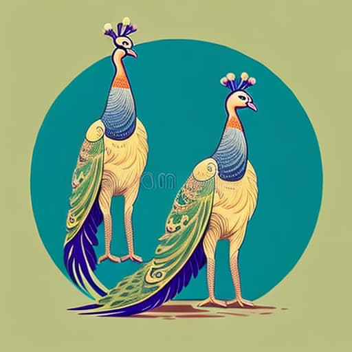  a couple of peacocks standing next to each other, vector illustration, peacock colors, colorful illustration, natural beauty, exquisite masterpiece, colorful birds, elegant harmony, colorfull illustration, colorful plumage, high quality illustration, peacock, peacock feathers, vibrant nature, beautiful lady, detailed illustration, vibrant and matching colors, colorful vector illustration