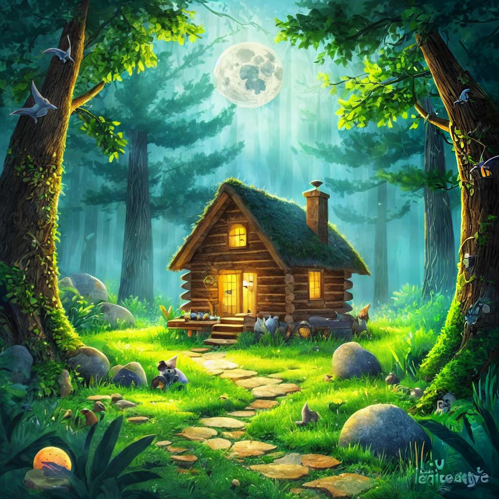  (best quality:1.5),(realistic:1.0), cabin in the forest, bats, moon light