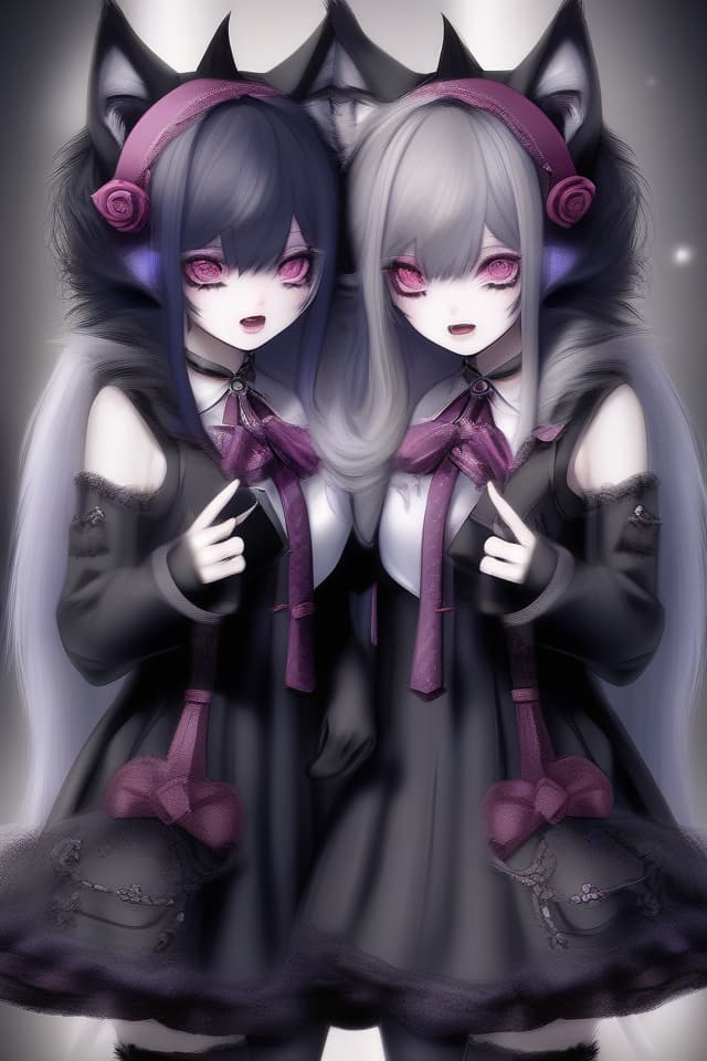  Beast ears, twins, wolf beasts, good friends, cute sisters, gothic loli