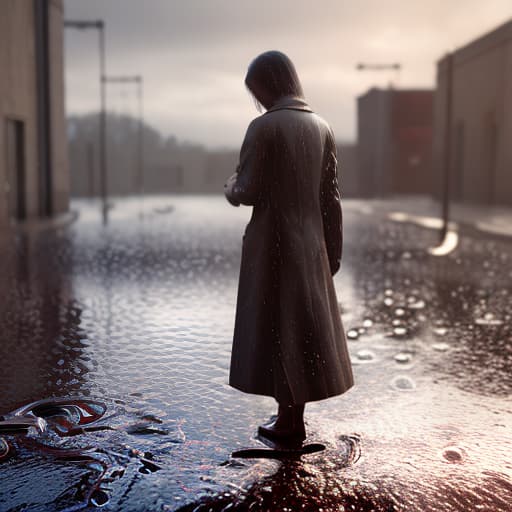 redshift style A sad woman standing in a rain puddle crying, holding a heart in hand