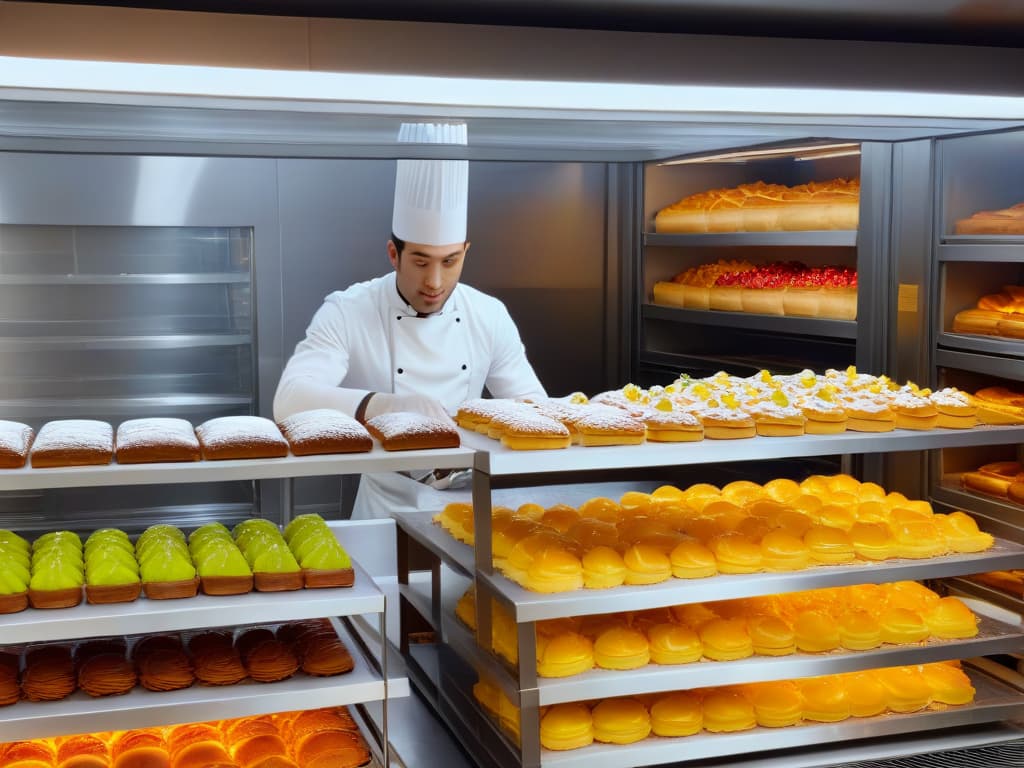  A photorealistic image of Stéphane Glacier meticulously crafting a delicate and intricate pastry masterpiece in his bustling bakery. The scene captures the soft glow of the warm oven light illuminating his focused expression, highlighting the precision of his skilled hands as he delicately layers vibrant fruits and decadent creams. Surrounding him are shelves adorned with gleaming tools of the trade, while in the background, a tantalizing display of his exquisite pastries entices customers, creating a vibrant and inspiring ambiance. hyperrealistic, full body, detailed clothing, highly detailed, cinematic lighting, stunningly beautiful, intricate, sharp focus, f/1. 8, 85mm, (centered image composition), (professionally color graded), ((bright soft diffused light)), volumetric fog, trending on instagram, trending on tumblr, HDR 4K, 8K