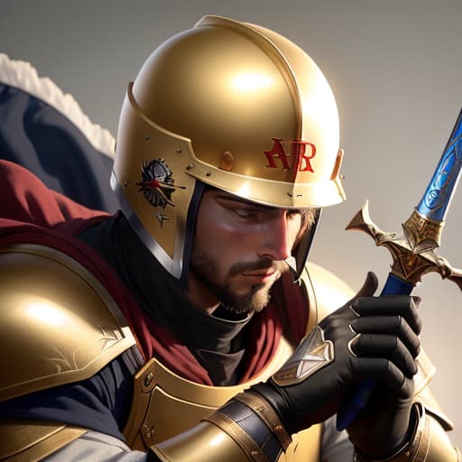  A Christian paladin who wears a roster helmet, the full armor of God, holding a Bible in one hand ,and mighty sword , the sword of Justice, he is praying for Jesus' blessing, the colors are gold, red white and blue , hyperrealistic, high quality, highly detailed, perfect lighting, intricate, sharp focus, f/1. 8, 85mm, (centered image composition), (professionally color graded), ((bright soft diffused light)), trending on instagram, HDR 4K, 8K