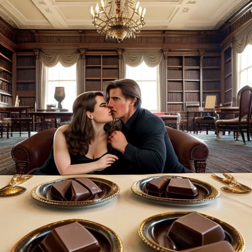  Tom Cruise and Hayley Atwell, mission impossible sitting romantically together in a Kentucky mansion library room. Foreground plates of fine dark chocolates on a coffee table. Background Kentucky historic home. Painting style of Edgar Degas