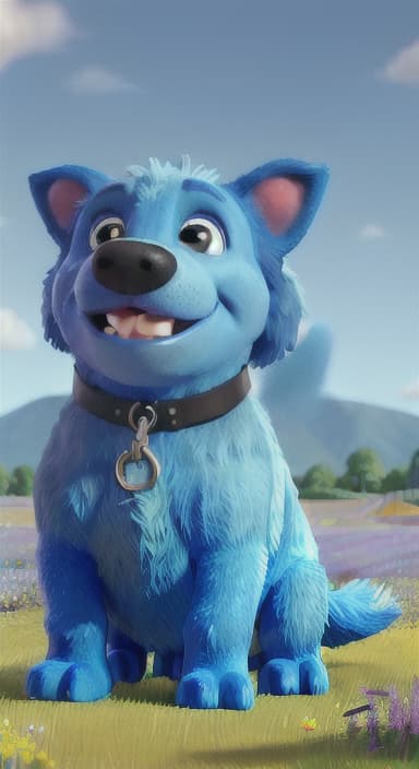  {A happy, big blue dog wagging its tail in a colorful meadow, The big blue dog is large with sky blue fur, big round eyes, a black nose, and floppy ears.