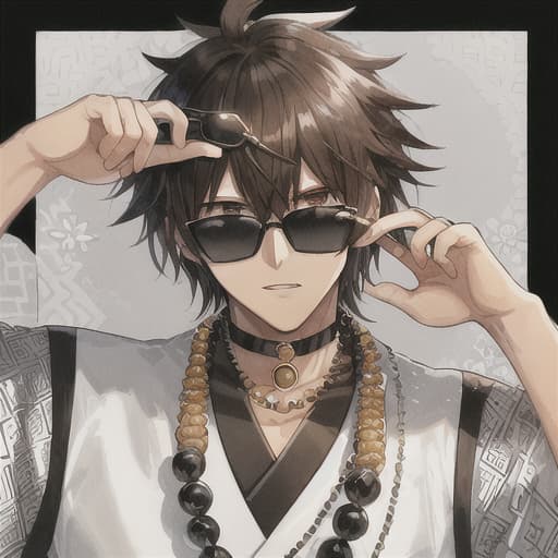  man, African American appearance, black-white Japanese outfit, brown hair, black square sunglasses, beads on his neck