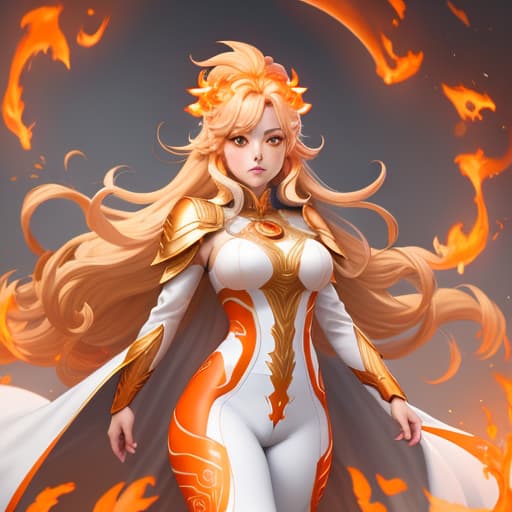  Goddess, Fire Goddess, Adult Woman, Blonde Fire Hair, Hair on Fire, Orange Eyes, White long tailcoat accented by Orange, White knee-high boots accented by orange, Grey Leggings, Anime, Fantasy