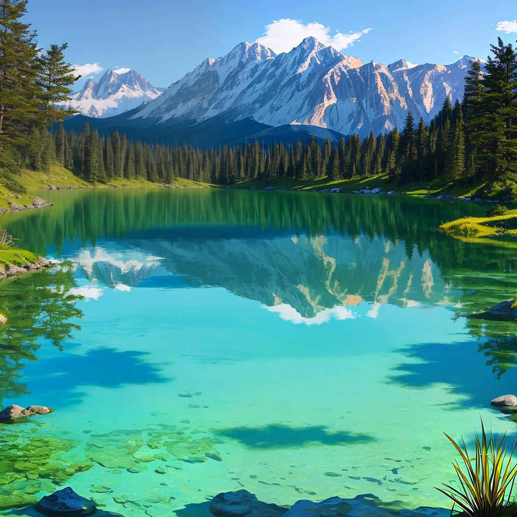  as a painting, Convey the serene majesty of towering mountains reflected in the crystal-clear waters of a tranquil alpine lake, using your unique artistic vision to evoke a sense of awe and tranquility.