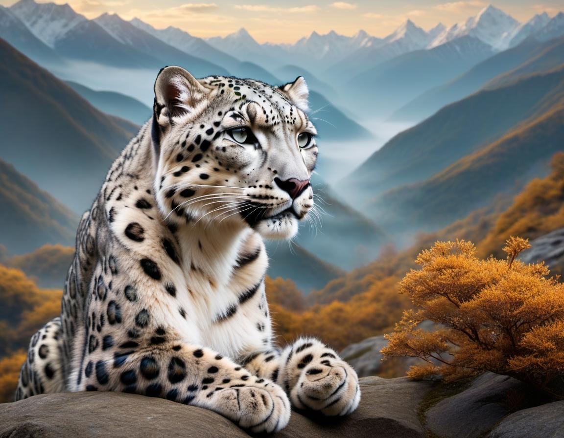  Art Nouveau style A portrait of a long tailed snow leopard in the mountains. . elegant, decorative, curvilinear forms, nature inspired, ornate, detailed hyperrealistic, full body, detailed clothing, highly detailed, cinematic lighting, stunningly beautiful, intricate, sharp focus, f/1. 8, 85mm, (centered image composition), (professionally color graded), ((bright soft diffused light)), volumetric fog, trending on instagram, trending on tumblr, HDR 4K, 8K